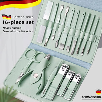 16 piece stainless steel manicure and pedicure nail clipper set with leather case