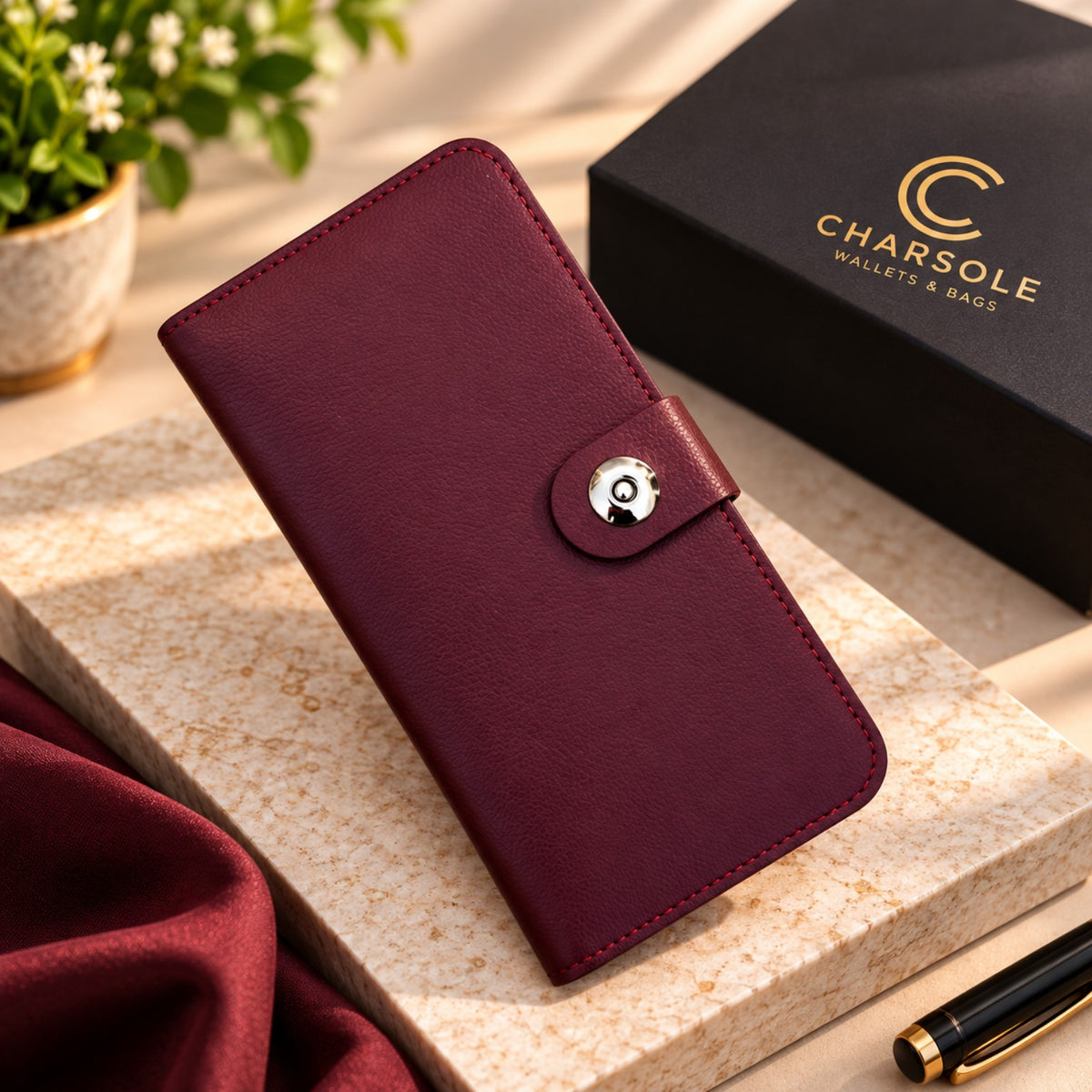 CHARSOLE premium long wallet on display