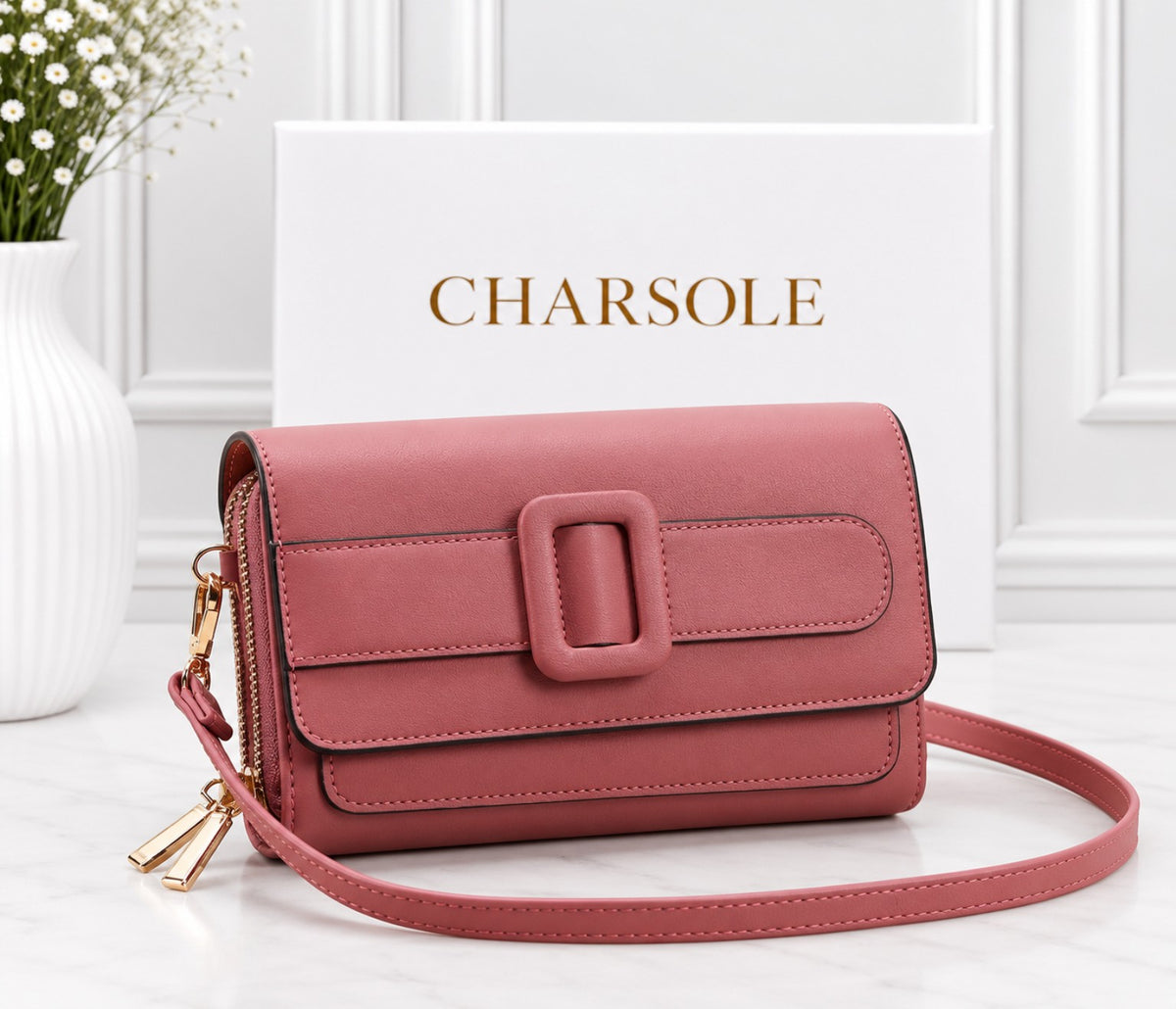 CHARSOLE elegant buckle women's crossbody wallet in dusty pink