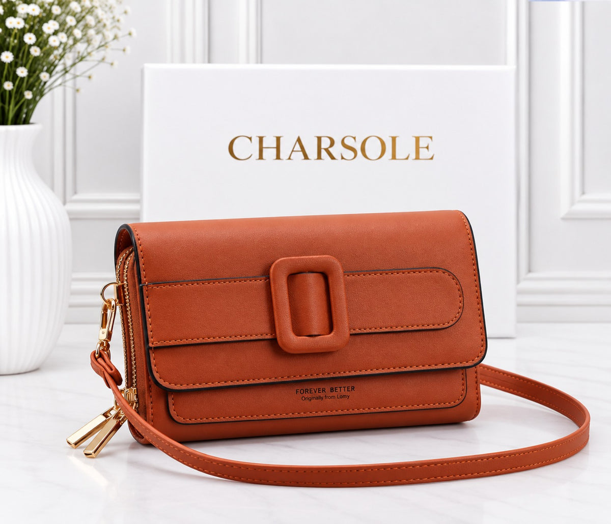 CHARSOLE elegant buckle women's crossbody wallet in tan brown