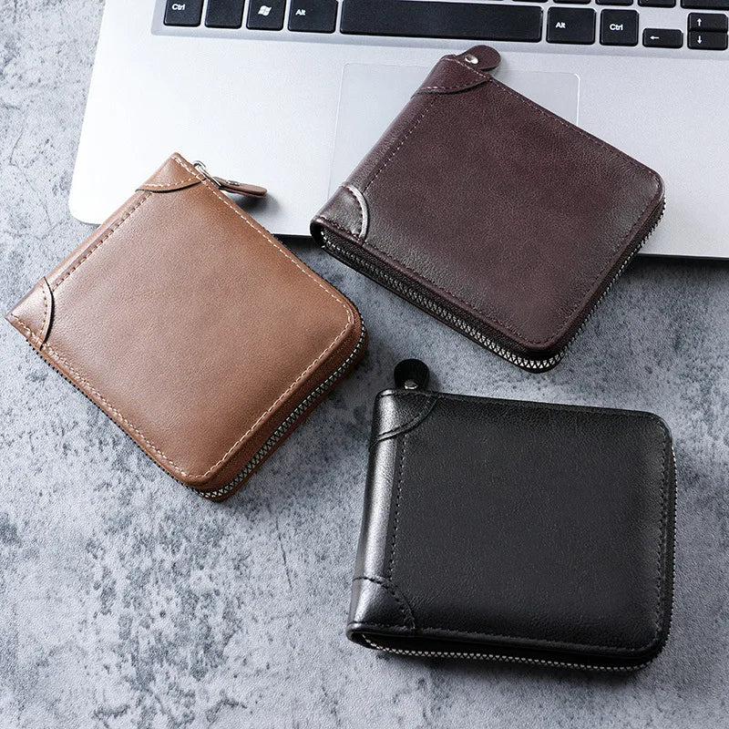 RFID Protection Round Zipper Short Wallet for Men