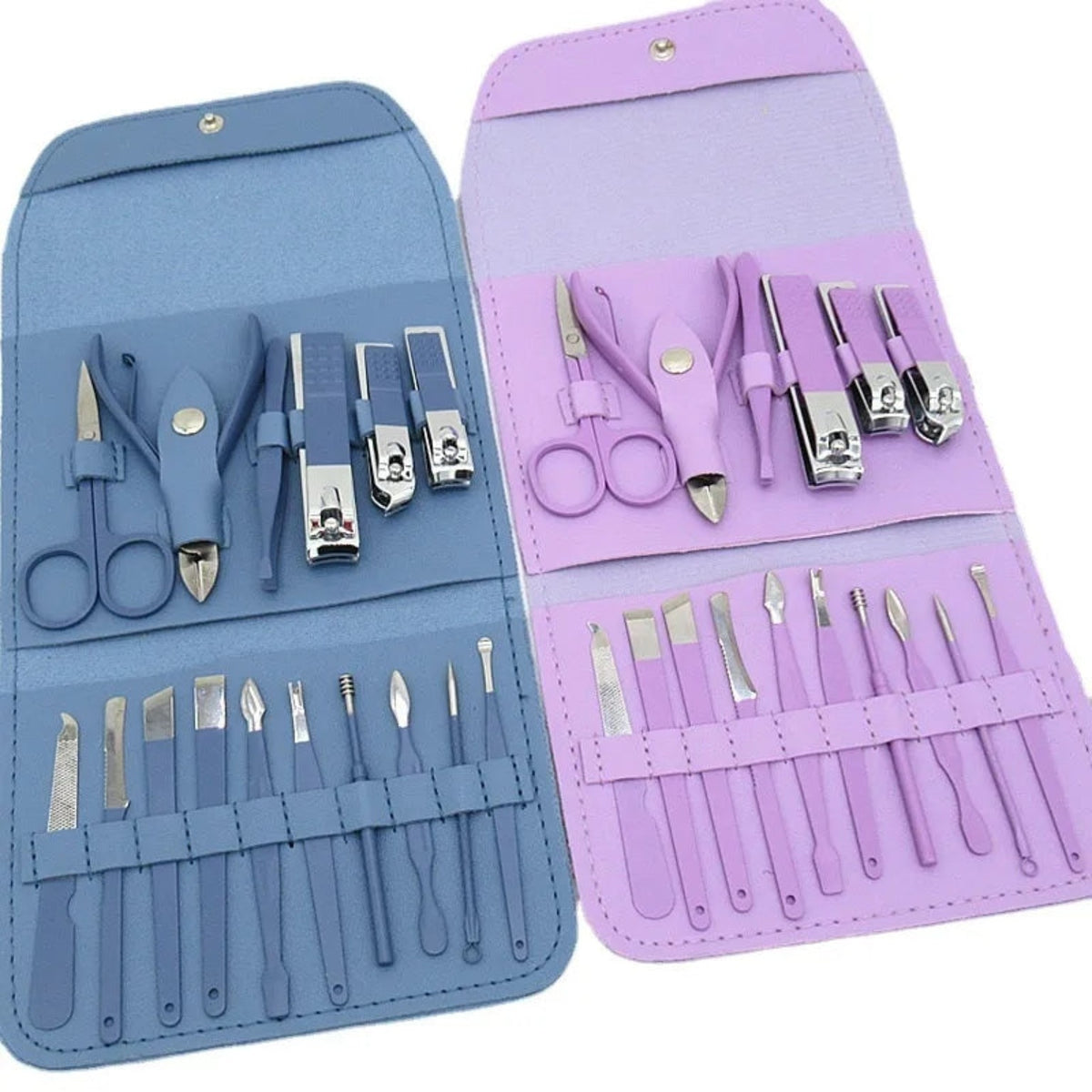 16-piece manicure pedicure set blue and pink cases