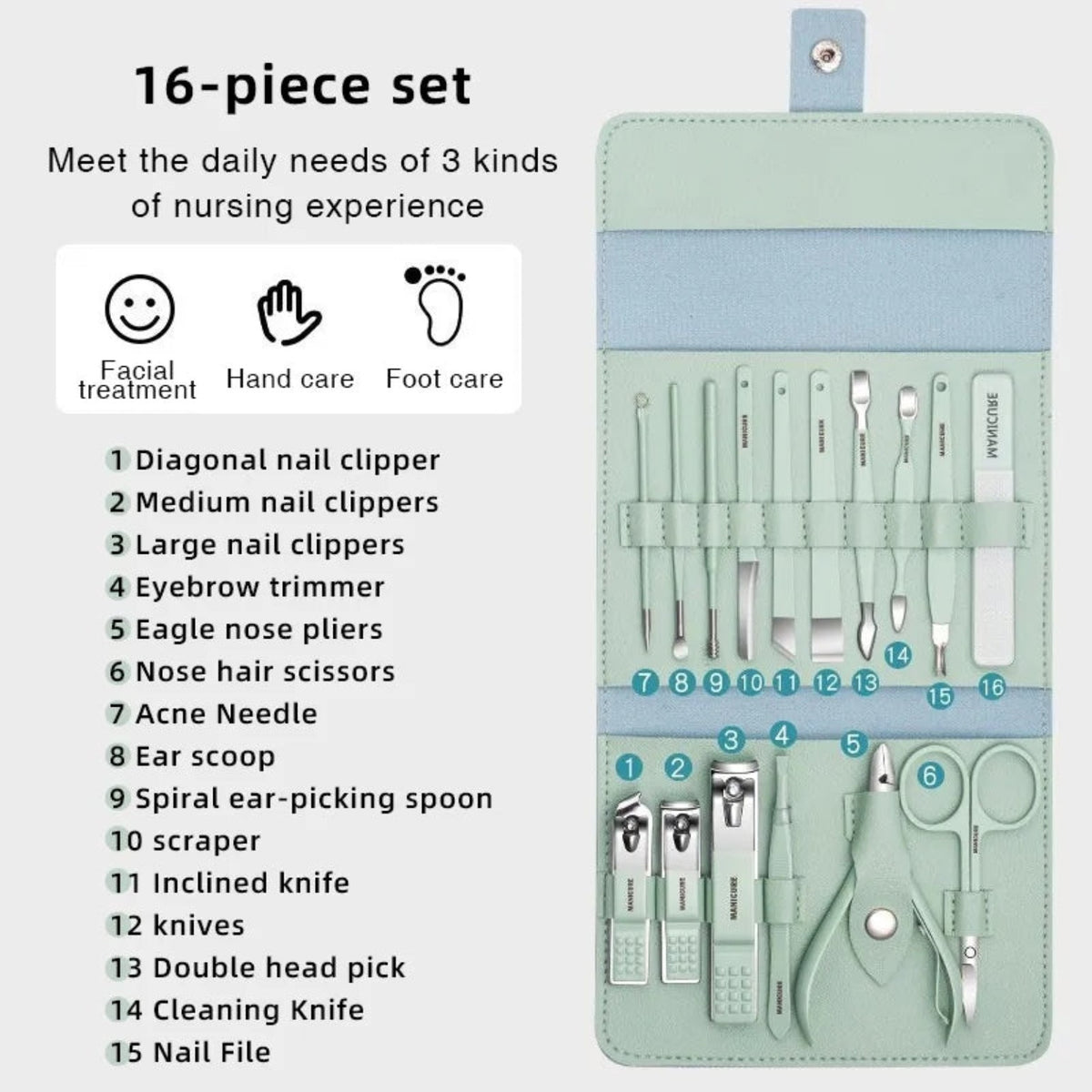 16-piece manicure pedicure kit with tools