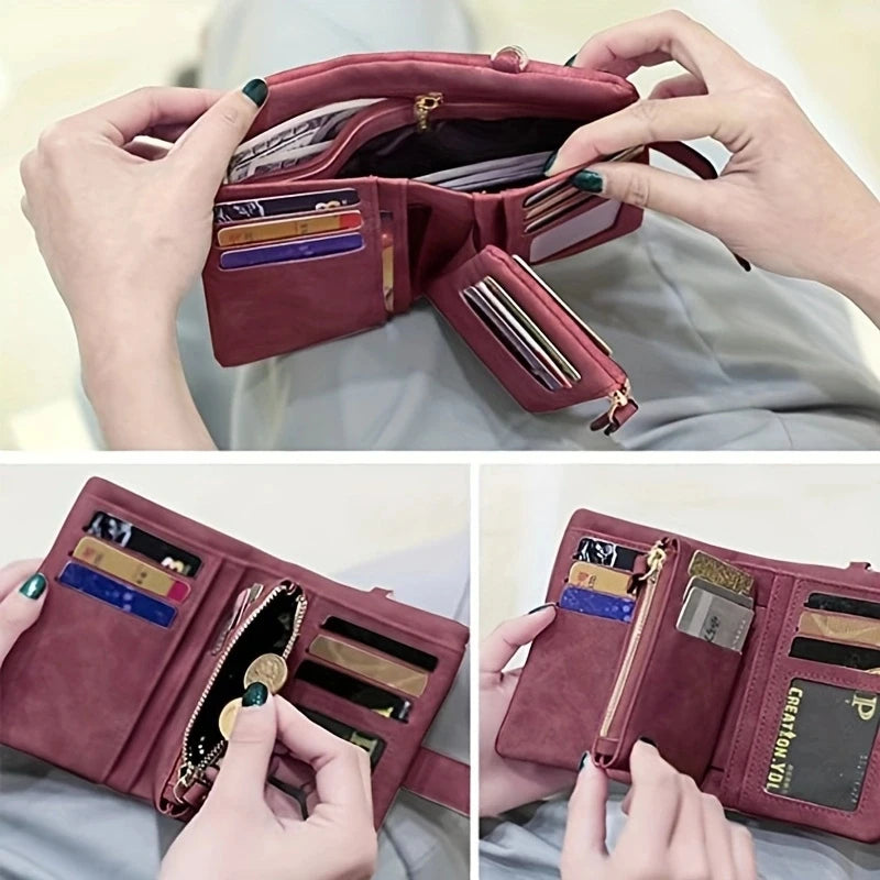 Tri-fold Short Soft Leather Women Wallets with Coin Zipper Pocket